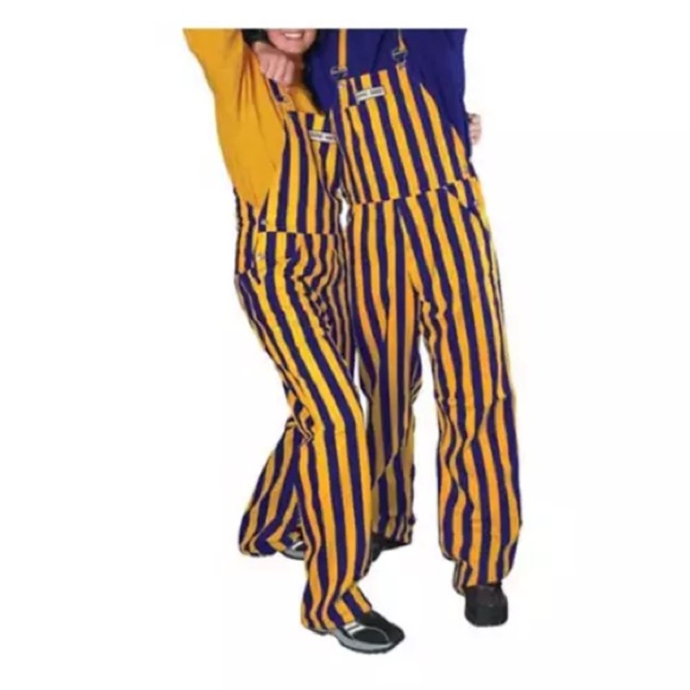 Purple and gold overall bibs